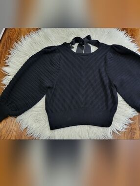 Happy Nature Black Puff Sleeve Knit Top with Back Tie Detail